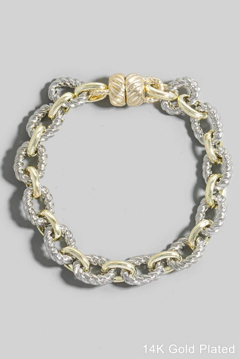 Gold Dipped Two Tone Twist Oval Chain Bracelet: GOLD