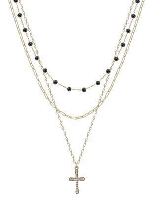 Black Crystal Beaded and Gold Pave Cross 16"18" Necklace