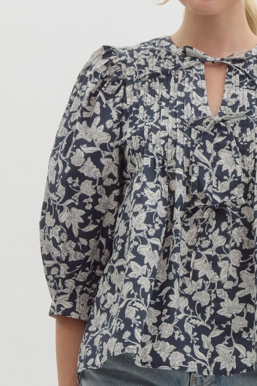 Navy & White Floral Print Top