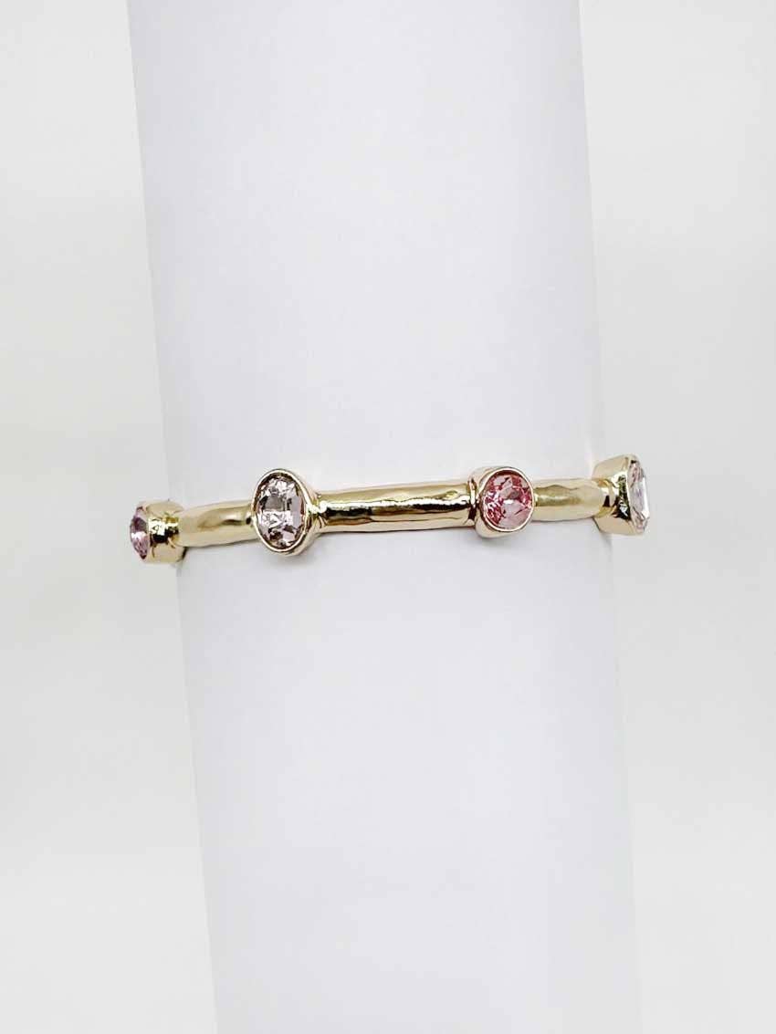 Gold Hammered Stretch Bracelet with Pink Crystal Accents