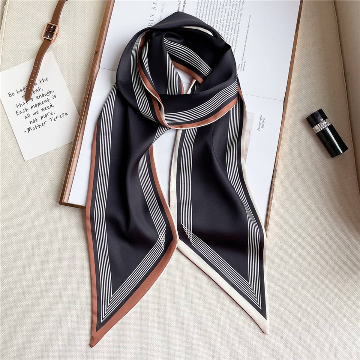 Thin Simple Geometric Long Silk Head Scarf | Black
