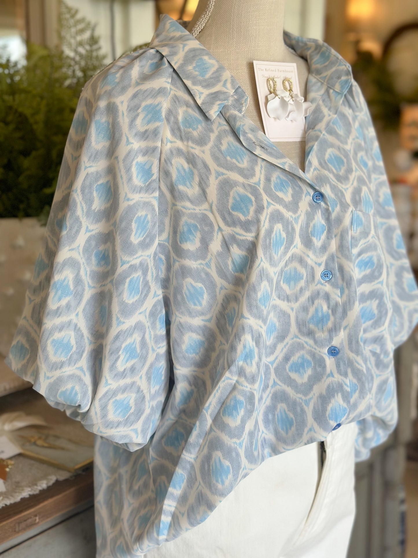Geometric Printed Bubble Sleeve Button Down Top