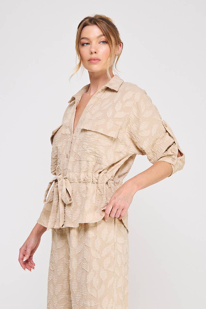 Jacquard utility tie-wait ls blouse: Taupe, L