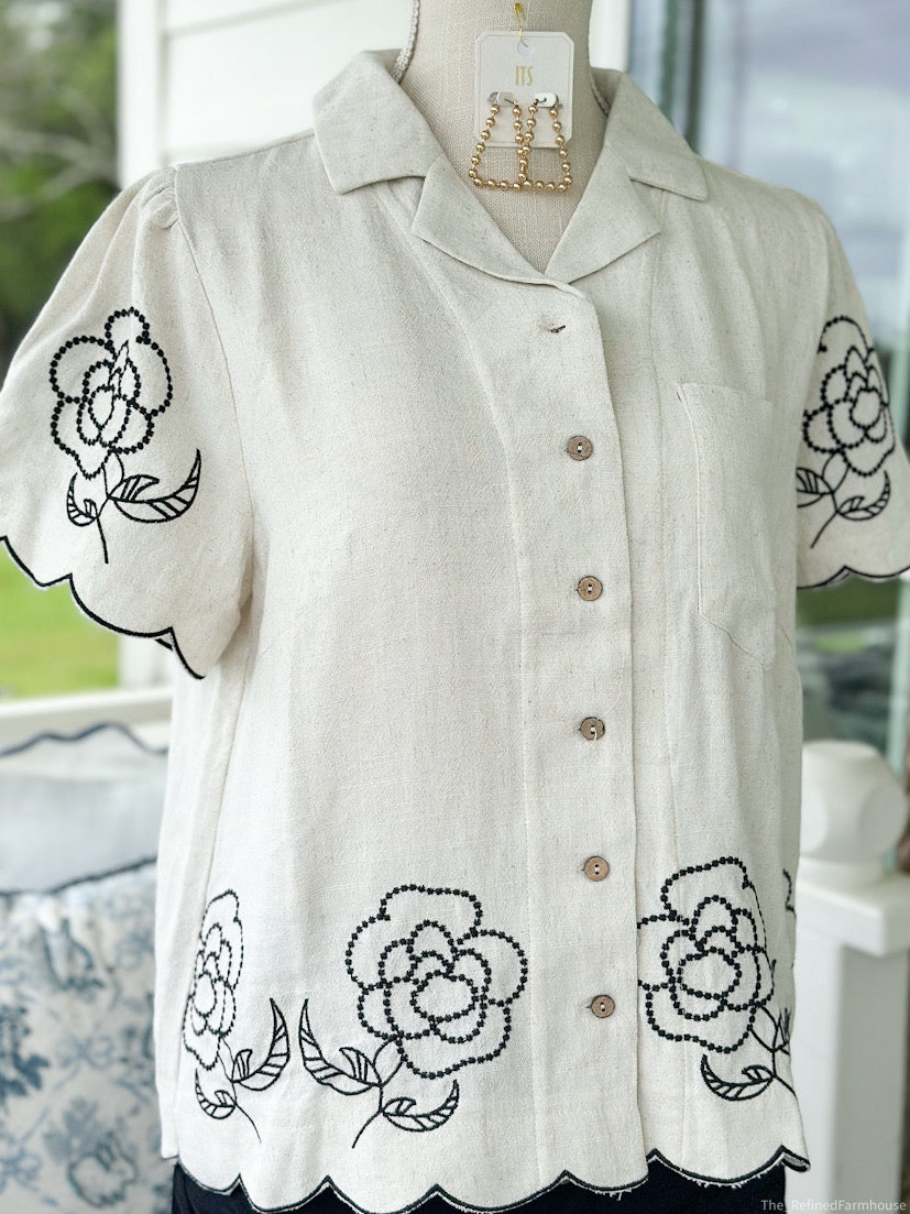 Oatmeal Embroidered Floral Button Down Top