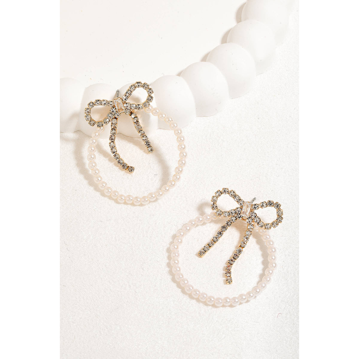 Pearl Beaded Hoop And Pave Ribbon Bow Dangle Earrings