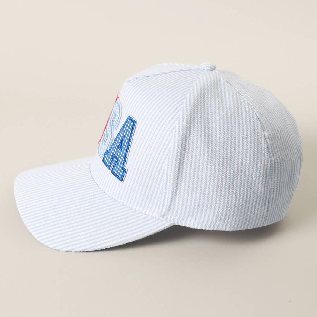 USA Embroidered Patch Varsity-Style Stripe Trucker Hat 
: BLUE