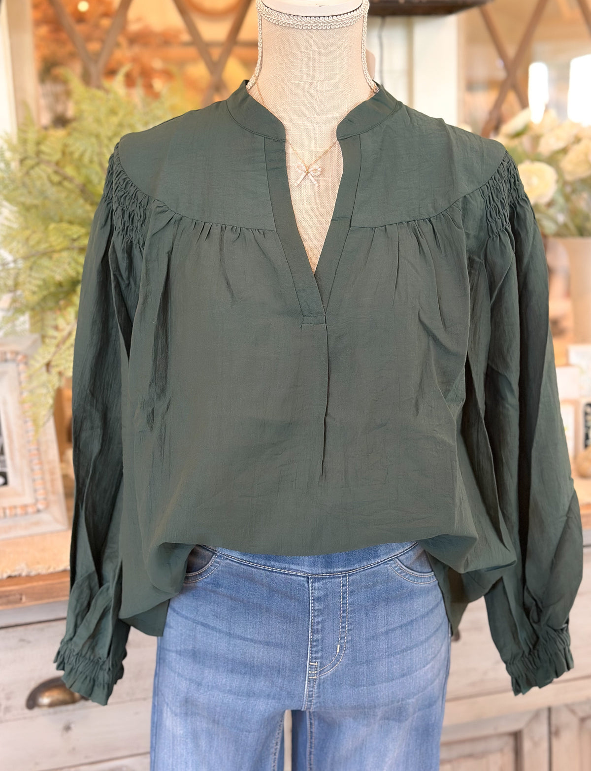 Crinkle Notched Neck Long Sleeve Top - Hunter Green