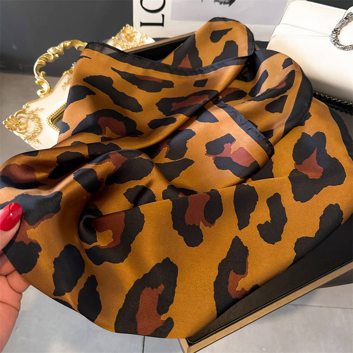 Leopard Print Satin Square Scarf | Gold