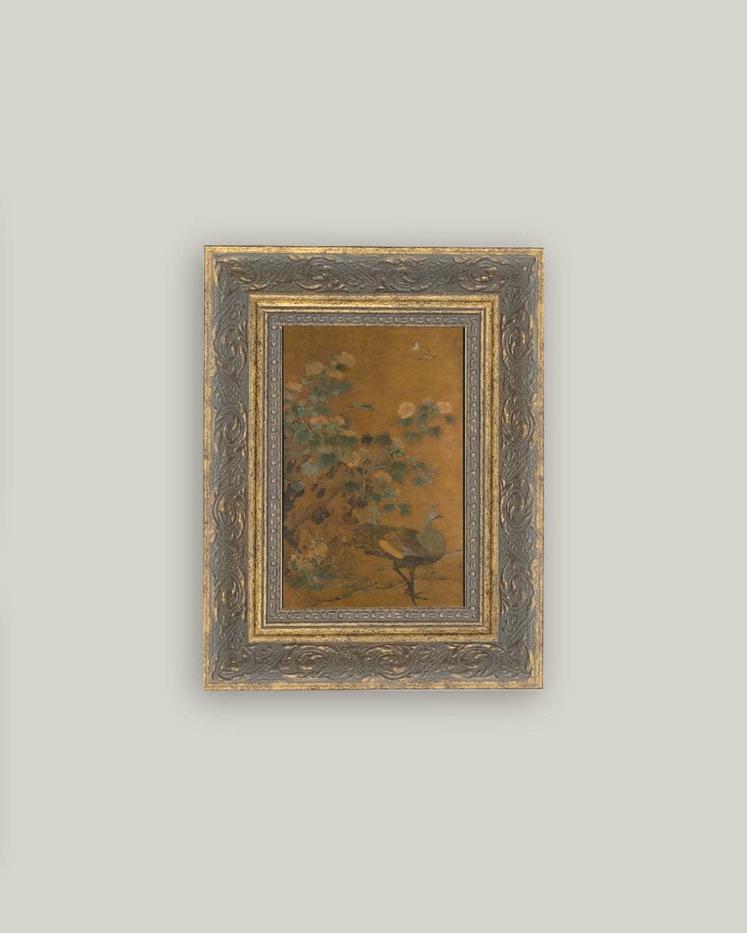 Peacock and Hollyhocks Framed Antique Art: 5x7