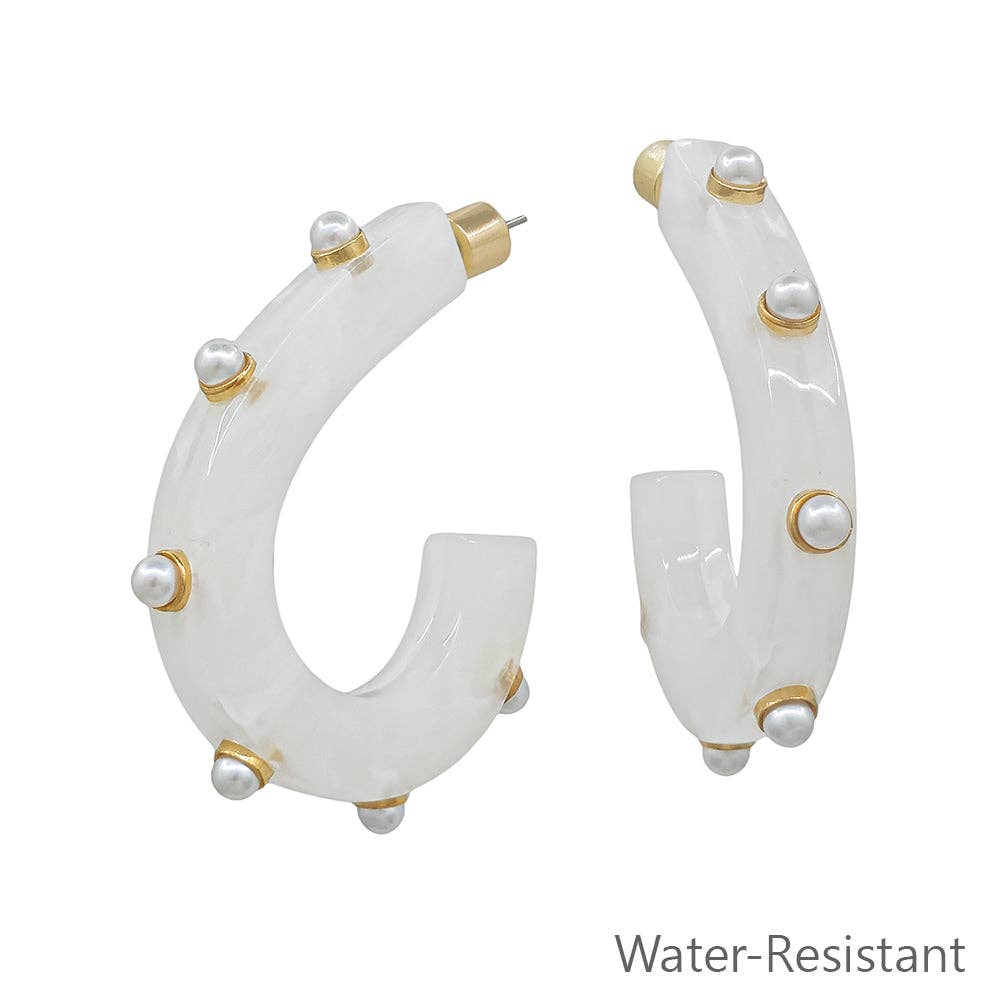 Water Resistant White Acrylic Teardrop with Gold Studded 2" Earring