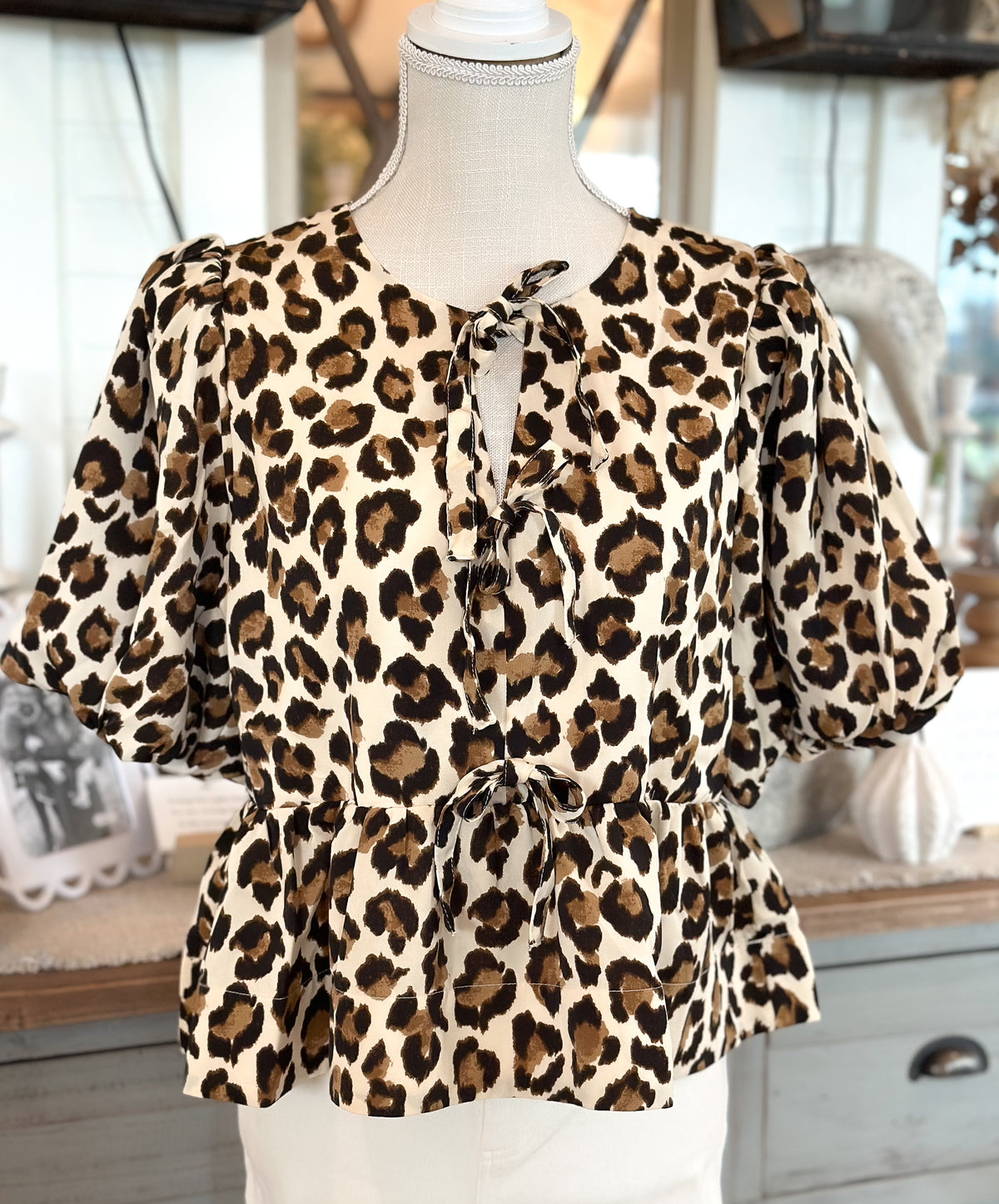 Leopard Print Bubble Sleeve Top