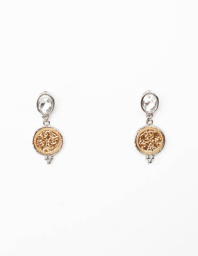 Silver Crystal Stud with Gold Coin 1" Earring