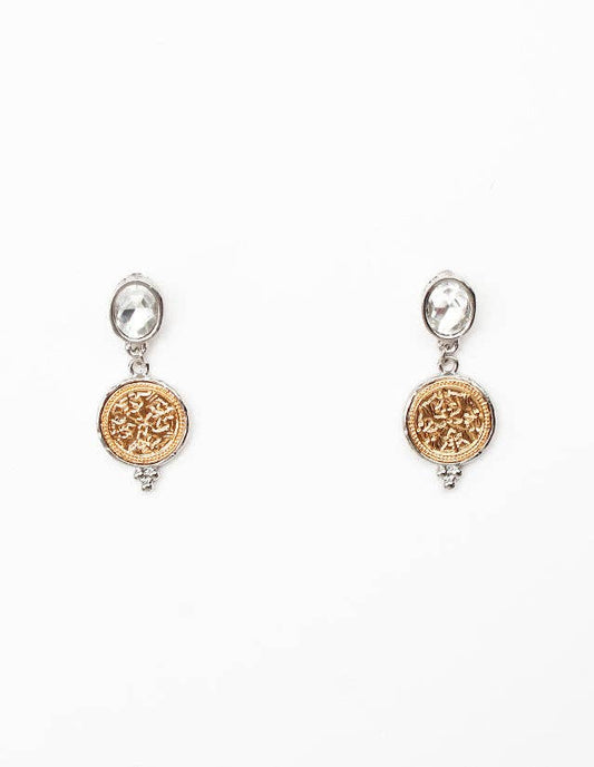 Silver Crystal Stud with Gold Coin 1" Earring