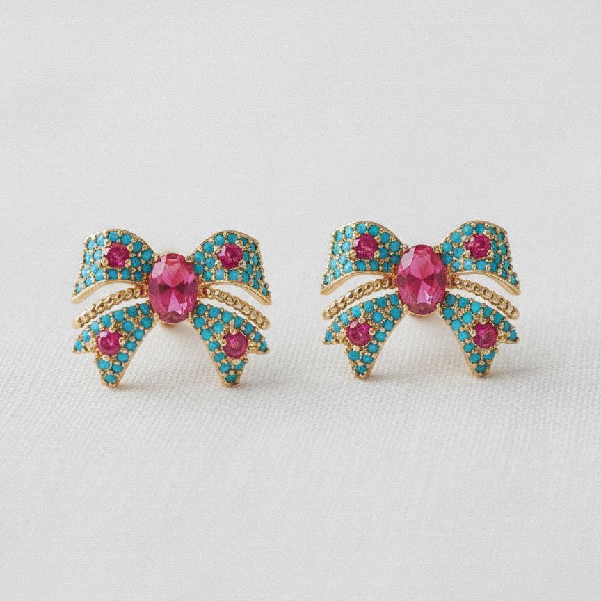 Colorful Zircon and Bow Dangle Earrings