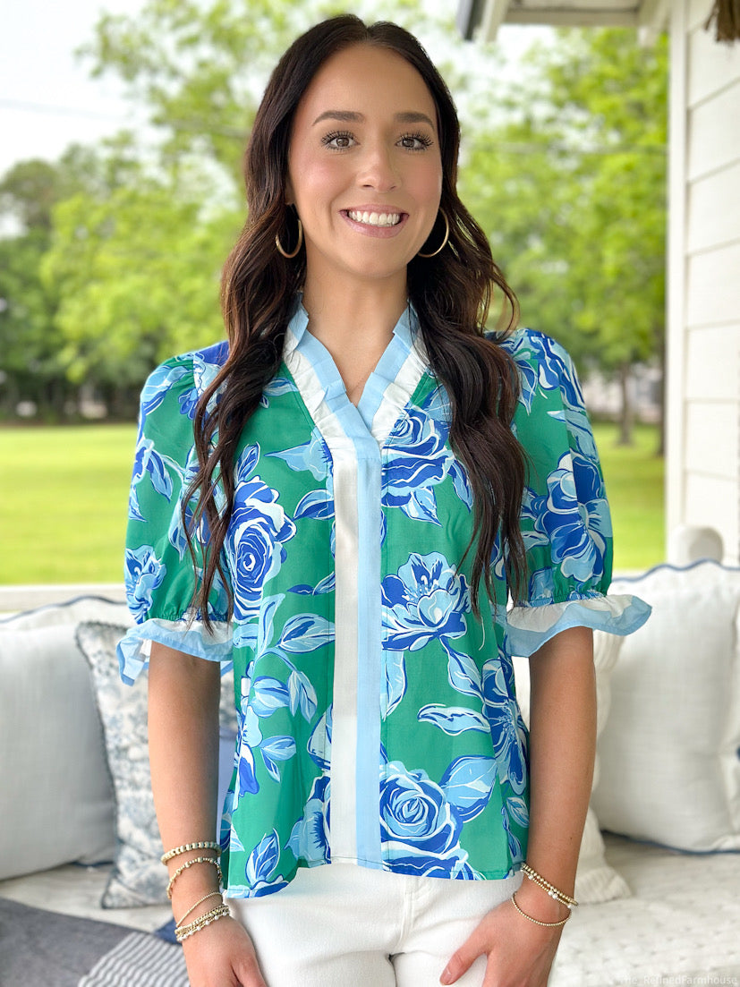Blue Floral Print Ruffle Puff Sleeve Blouse