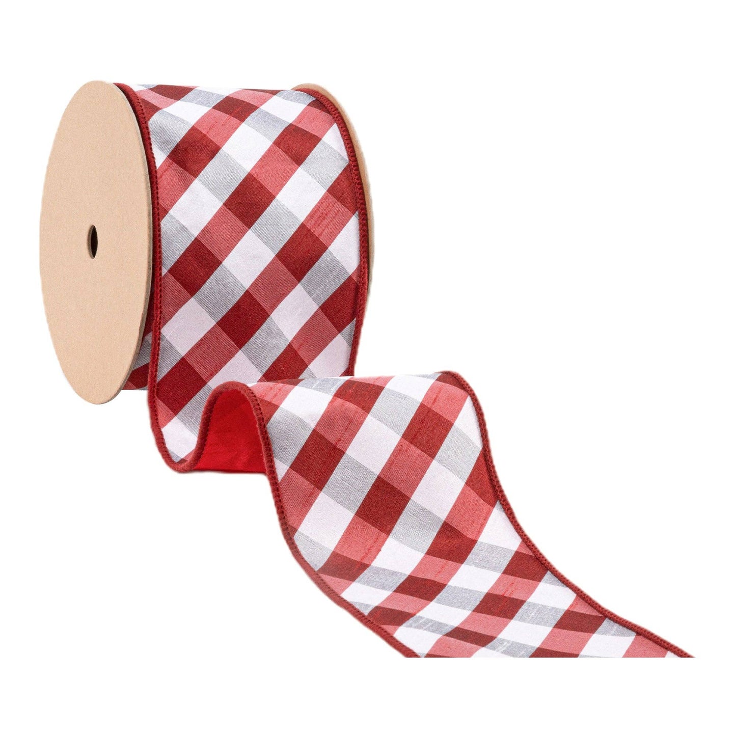 4" Red/White Bias Check Wired Ribbon with Dupioni Backing 10yd