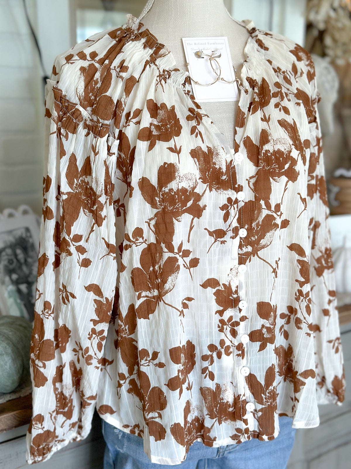 Floral Printed Crinkle Long Sleeve Blouse