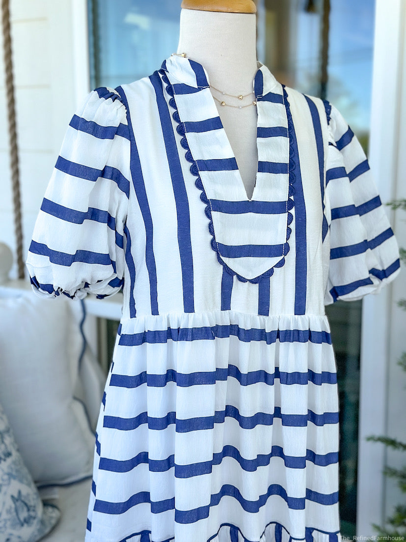 Navy/White Striped Dress with Scallop Accent