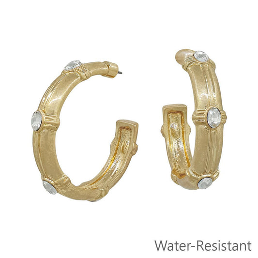 Water Resistant Hammered Hoop with Clear Crystal 2" Earring