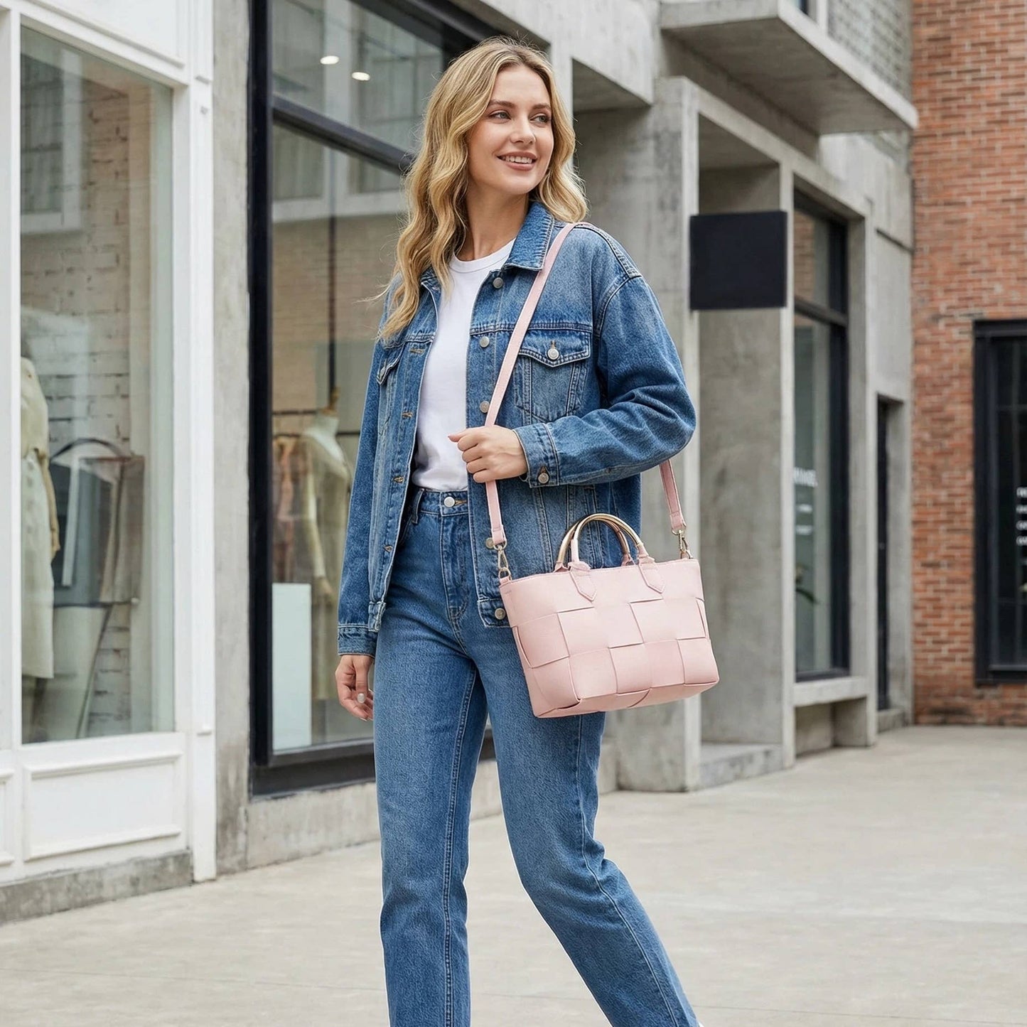 Maryann Woven Satchel with Metal Handle: Pink