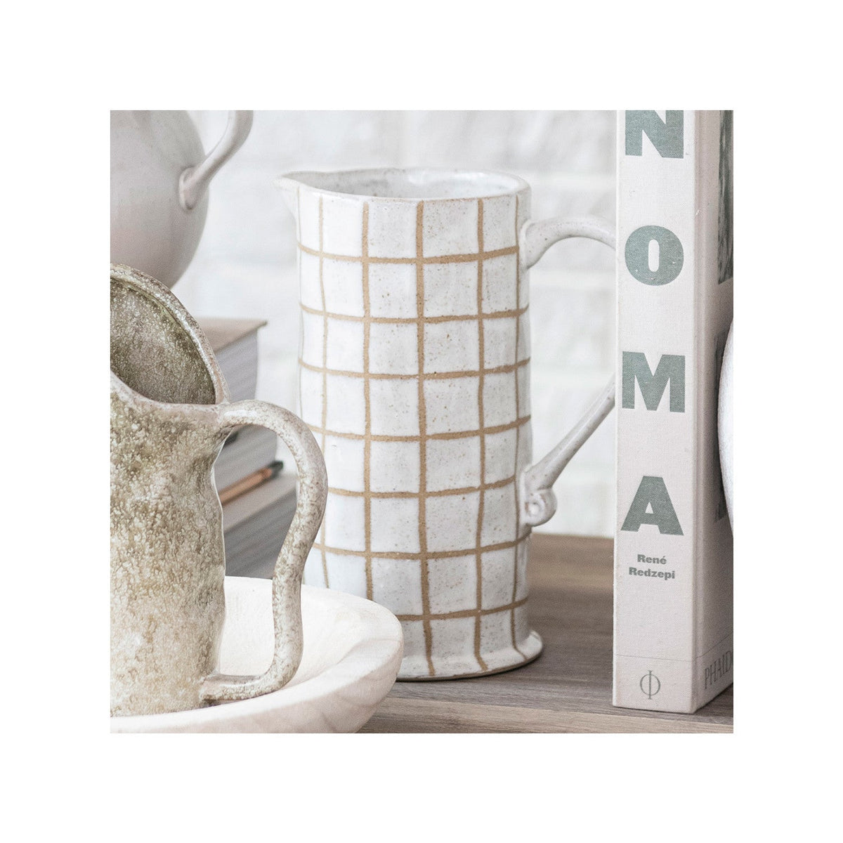 Stoneware Pitcher w/ Wax Relief Grid Pattern