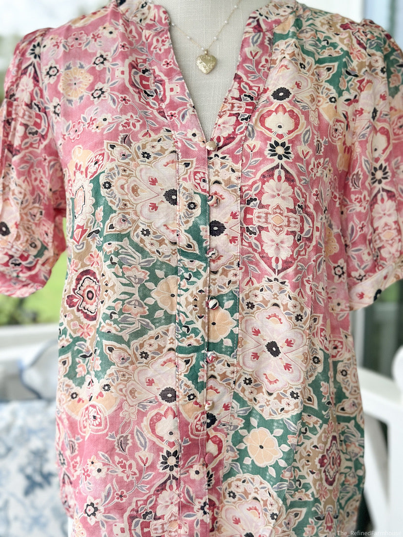Pink Mixed Paisley Puff Sleeve Print Top