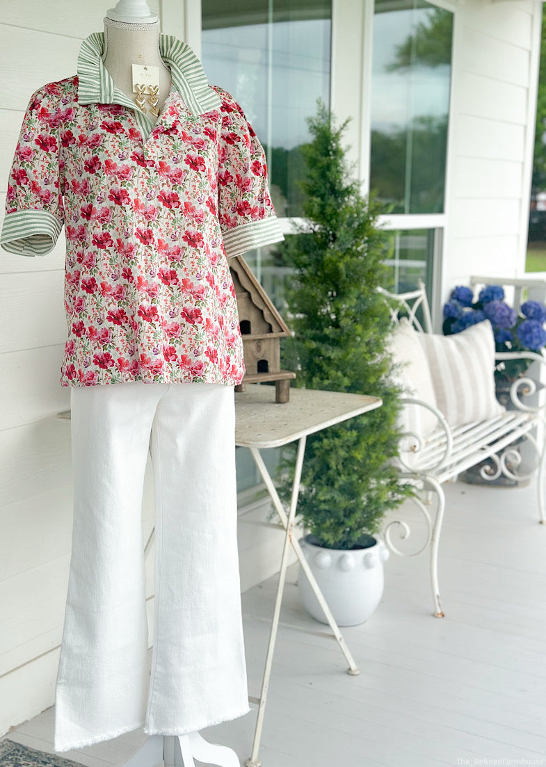 Raspberry Floral with Green Strip Neck Top