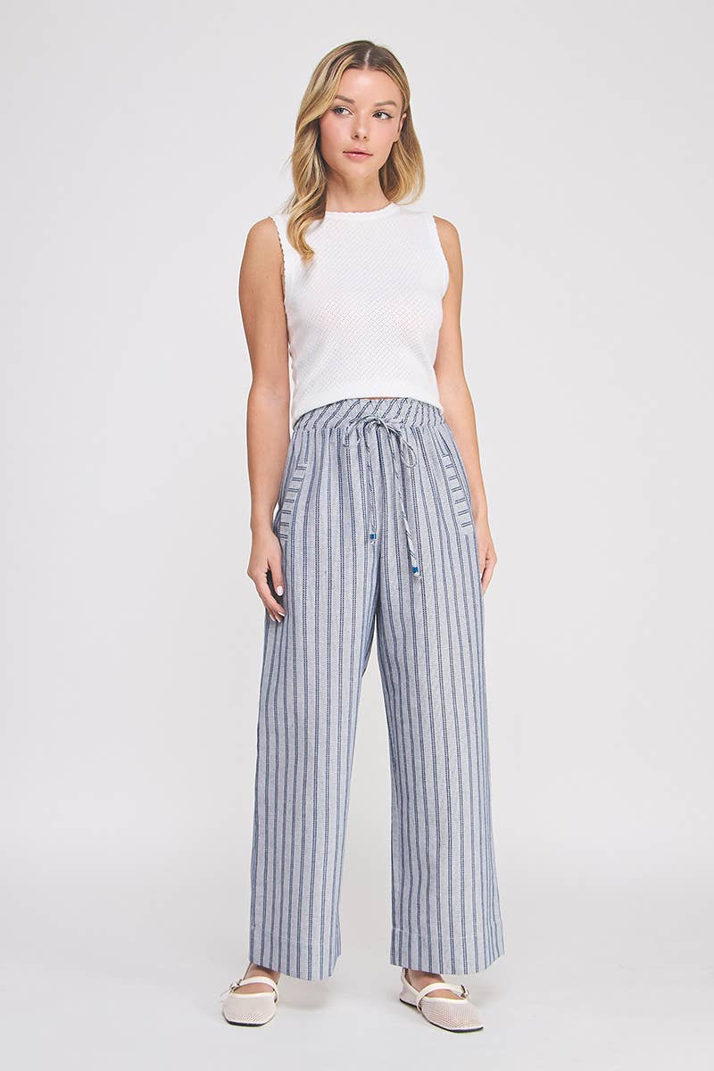 Striped Woven Smock Tie Waist Wide Leg Pants: Sand, M