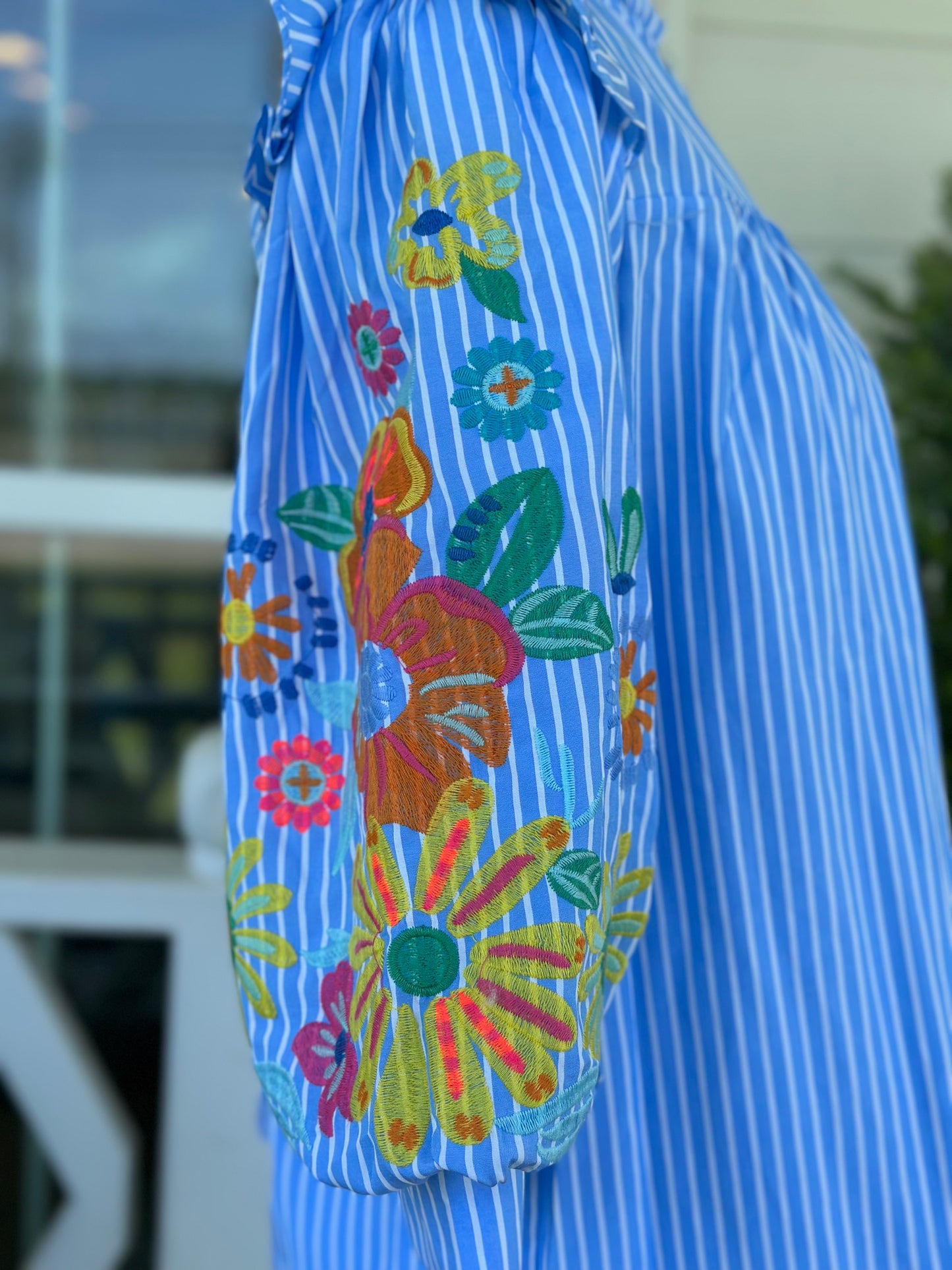 Sky Blue Striped 3/4 Embroidered Sleeves Top