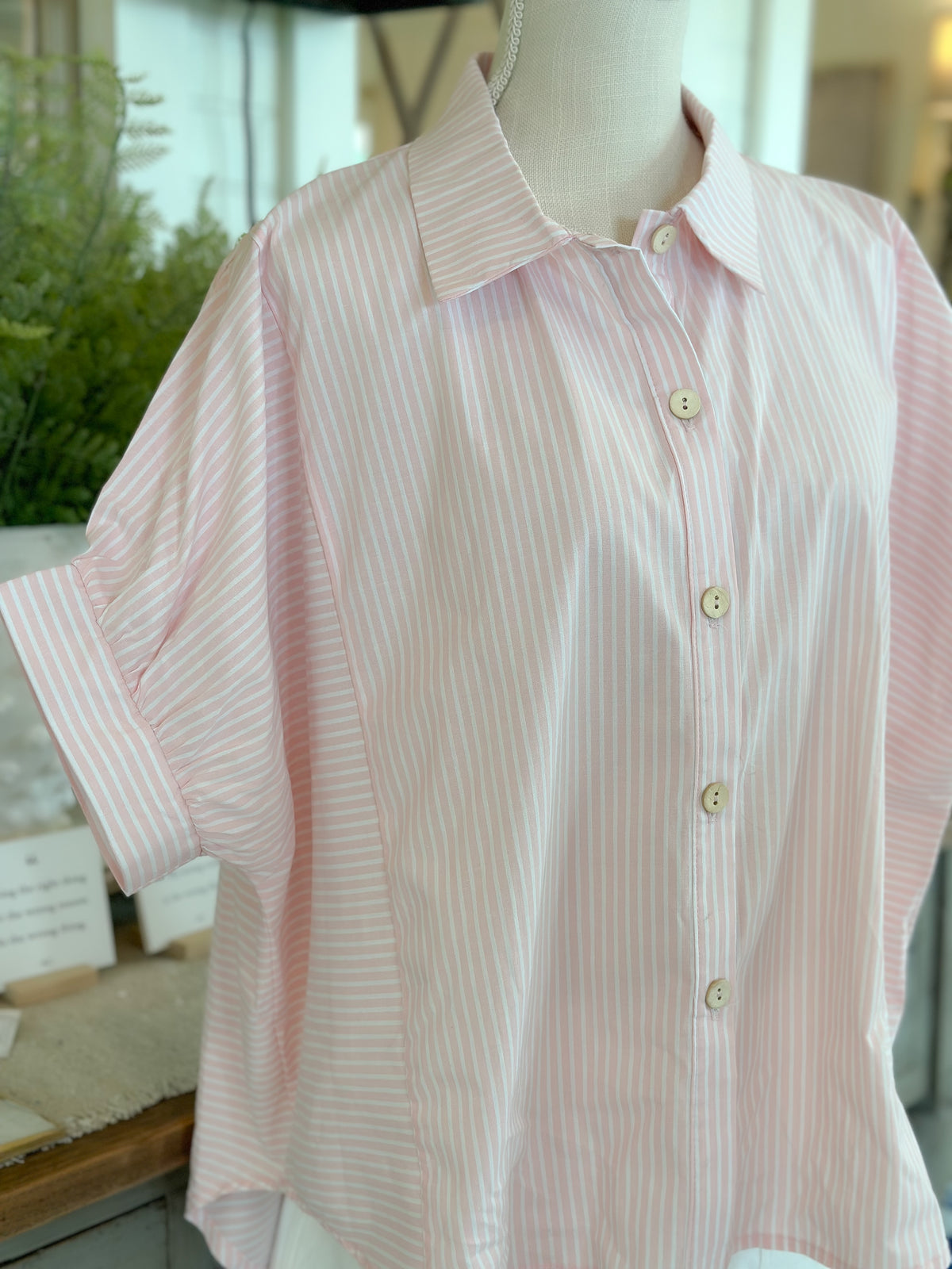 Pink/White Stripe Collared Dolman Short Sleeve Top