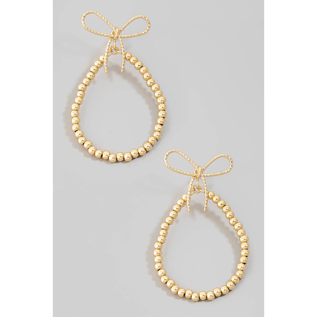 Metallic Beaded Tear Ribbon Bow Stud Earrings Gold