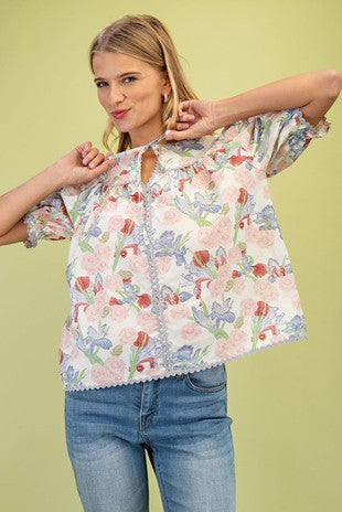 Blush Floral Print Tie Neck Blouse