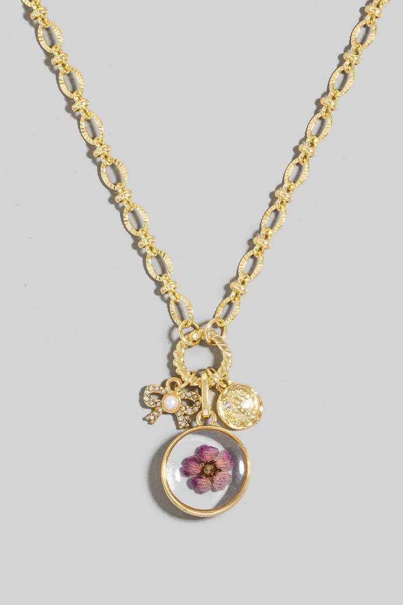Acrylic Flower Coin And Bow Charms Chain Necklace: Gold