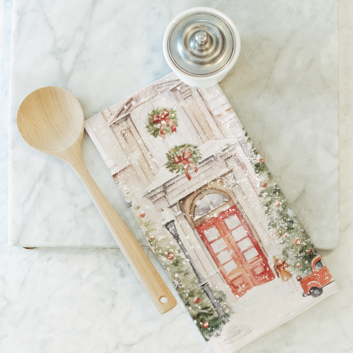 Snowy Doors Tea Towel: Natural