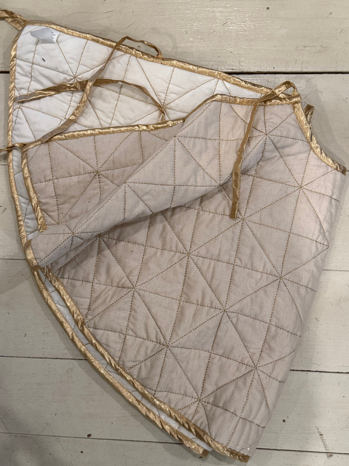 Quilted Cotton & Linen Tree Skirt w/Metallic Gold Thread Embroidery