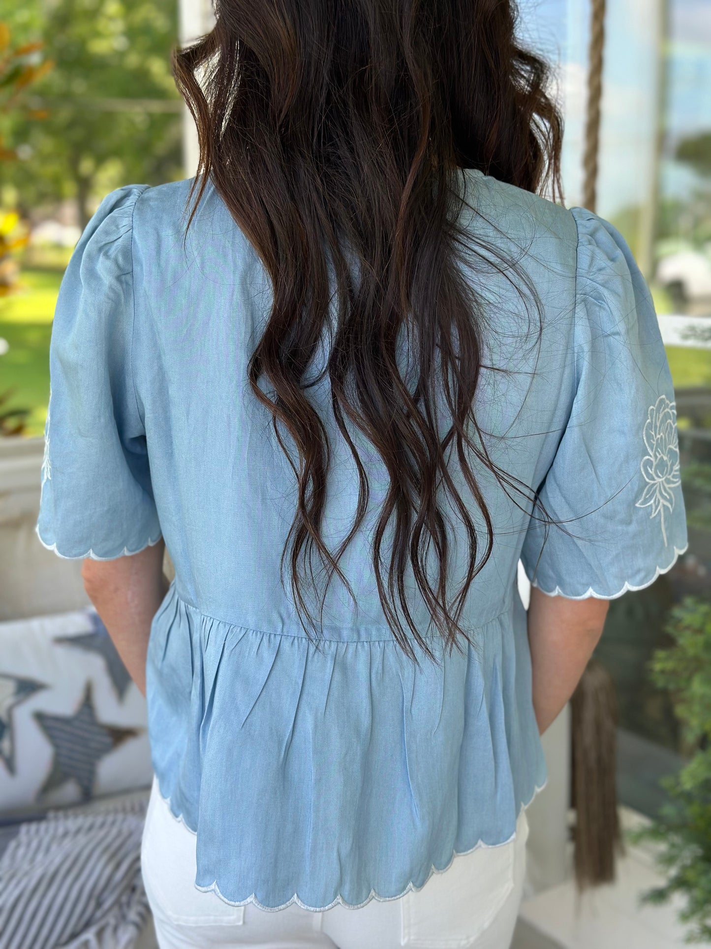 Denim Floral Embroidery Front Bow Tie