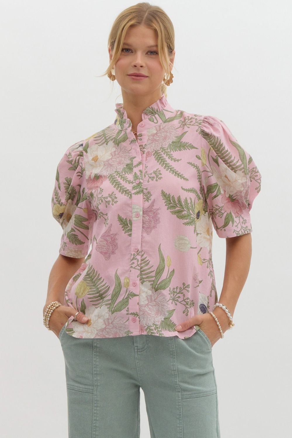 Pink Floral print ruffled neck button Top