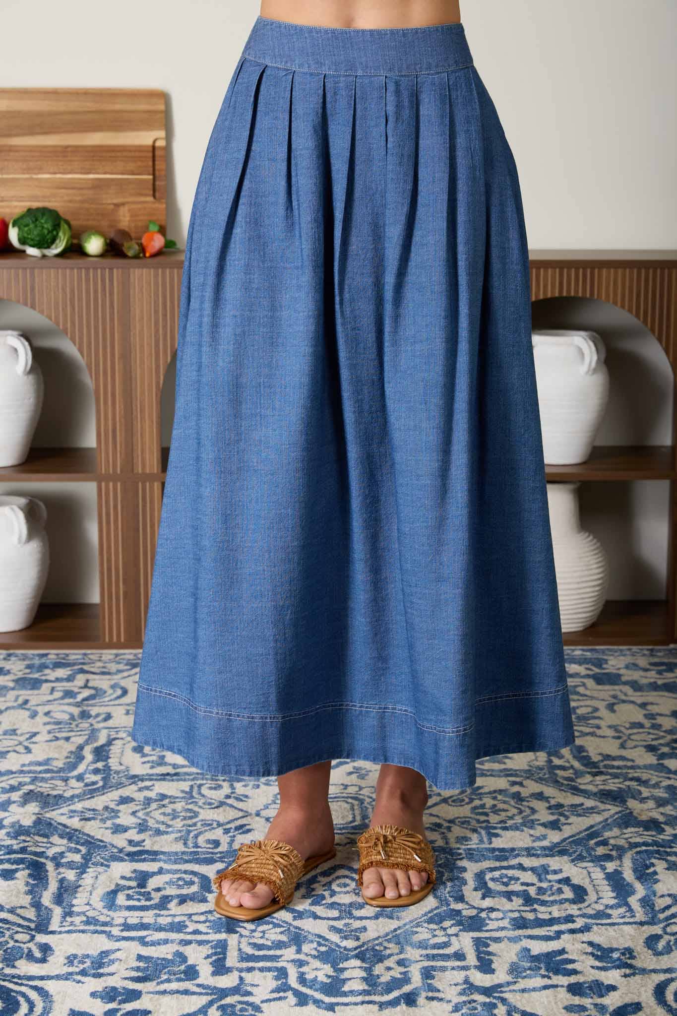 PLEATED HIGH WAIST DENIM MIDI SKIRT : DENIM