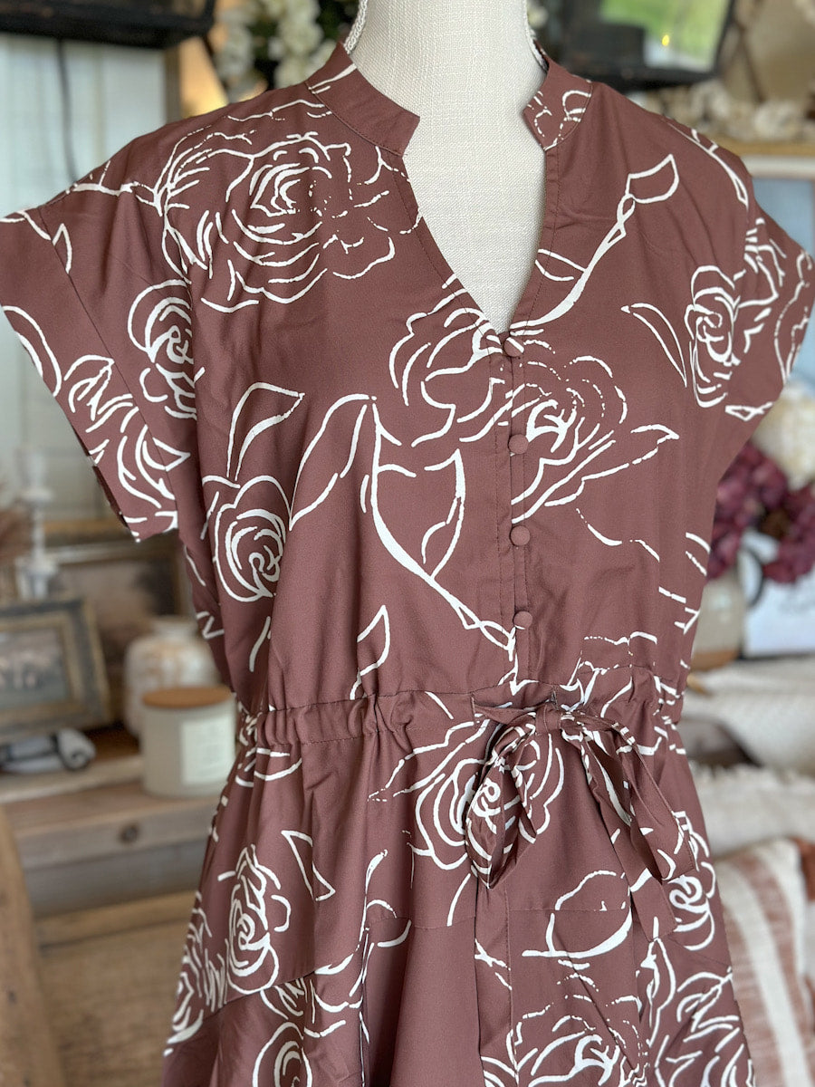 Brown Floral Print Cap Sleeve V Neck Dress