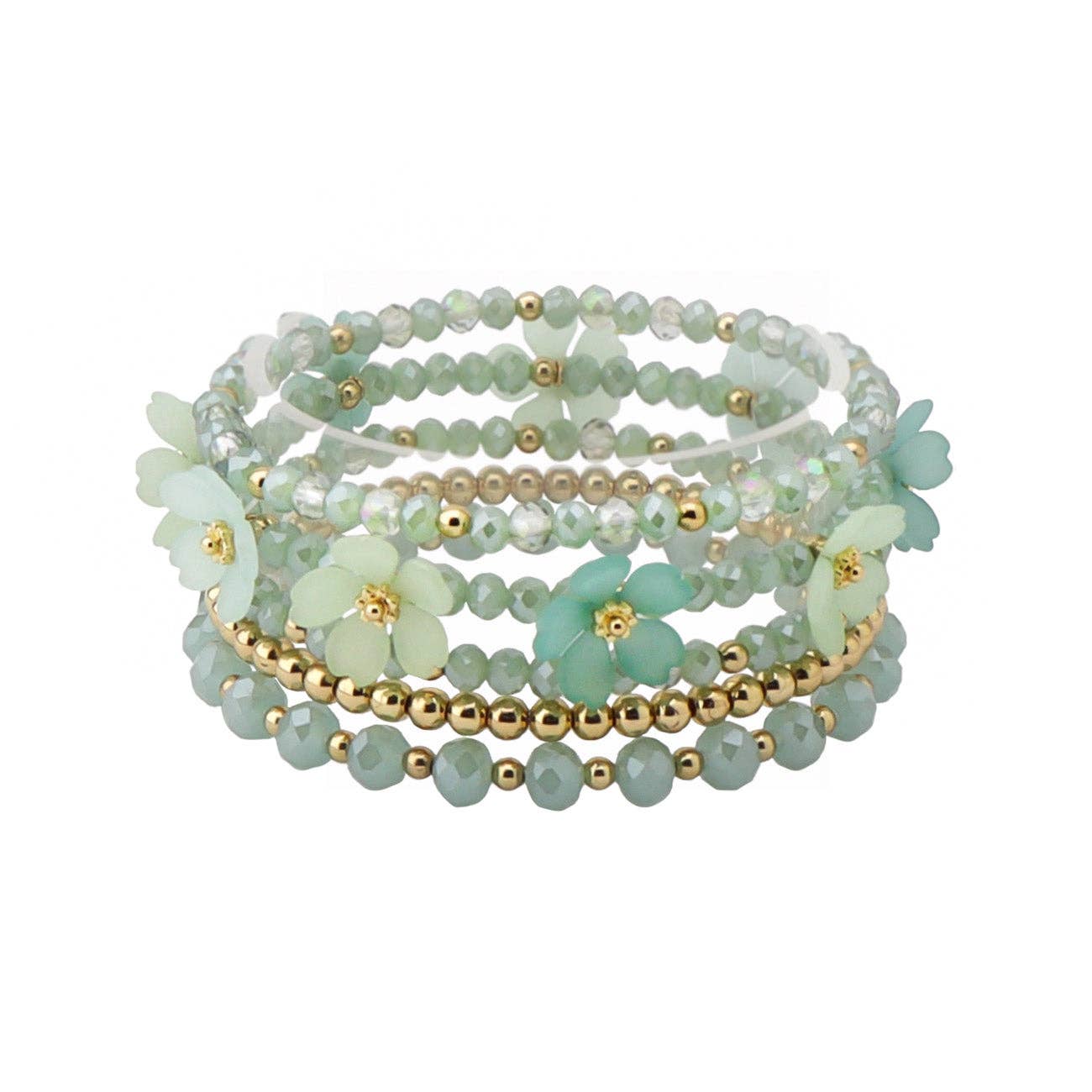Mint Crystal, Flower, and Gold Set of 5 Stretch Bracelet