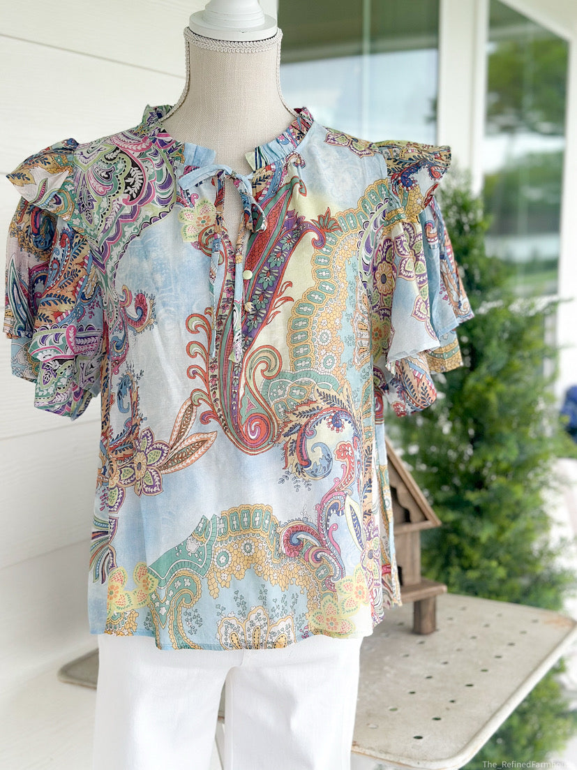 Mixed Paisley Print Double Ruffle Sleeve Top
