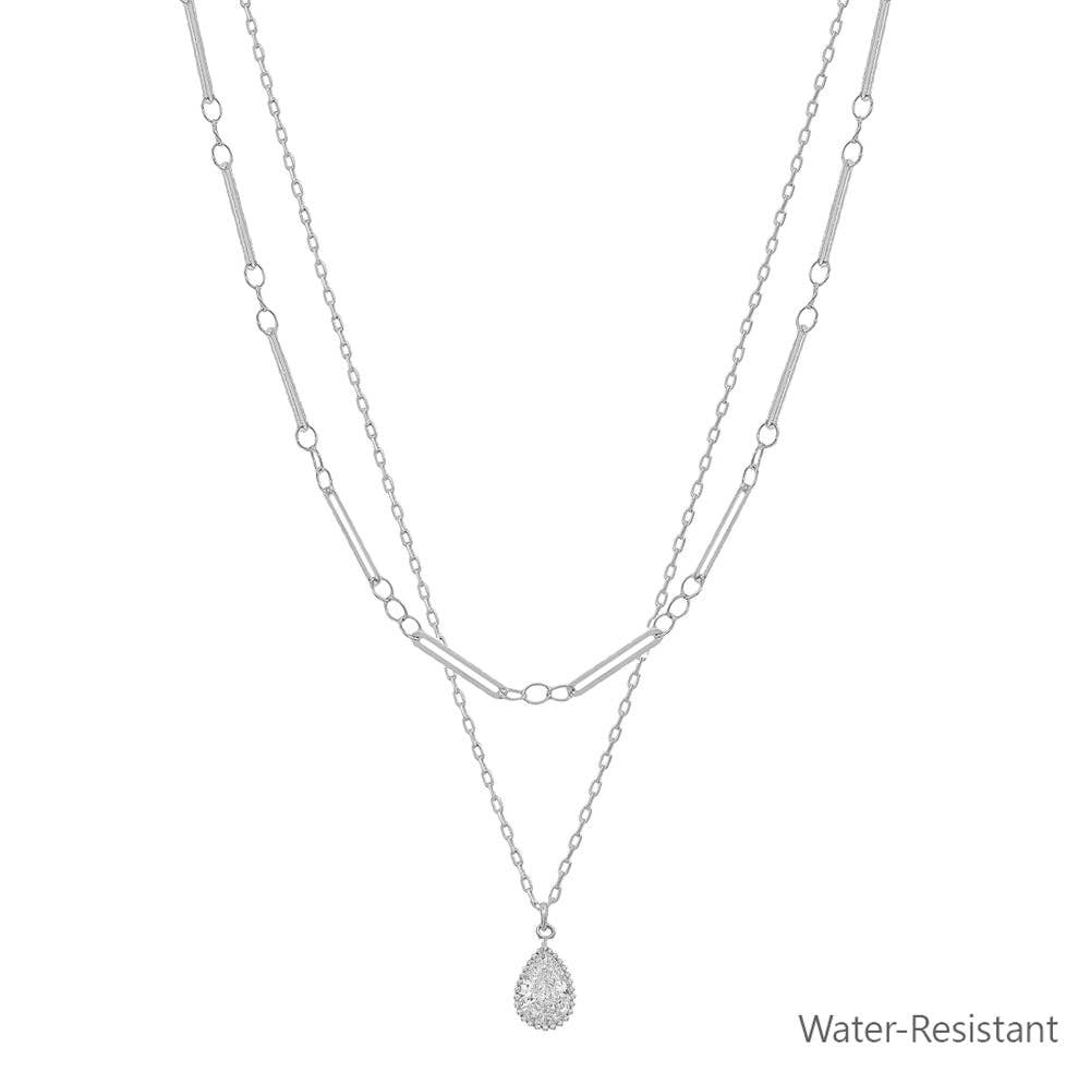 Water Resistant Silver Double Layered with Teardrop Pearl Charm 16"-18" Necklace
