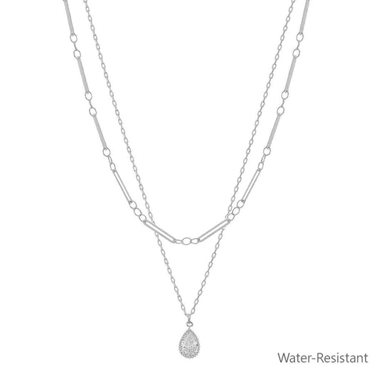 Water Resistant Silver Double Layered with Teardrop Pearl Charm 16"-18" Necklace