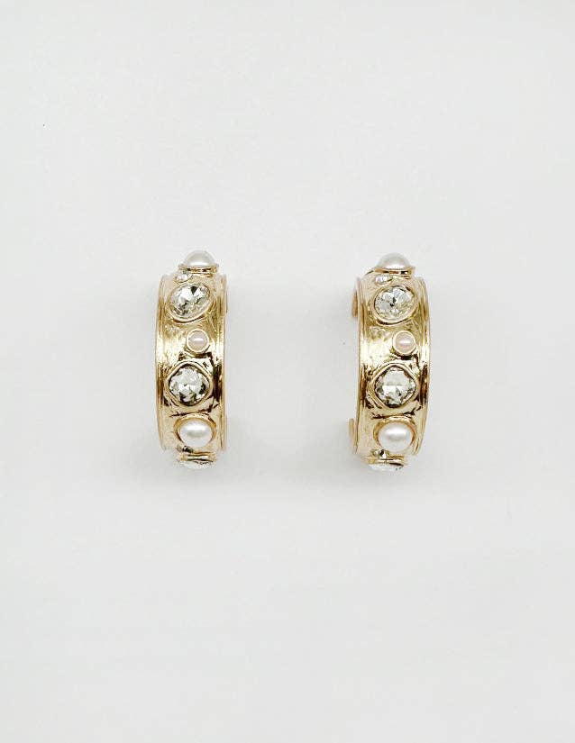 Gold Hammered Hoop with Clear Crystal and Pearl 1.5" Earring