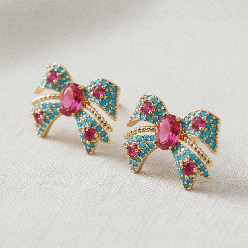 Colorful Zircon and Bow Dangle Earrings