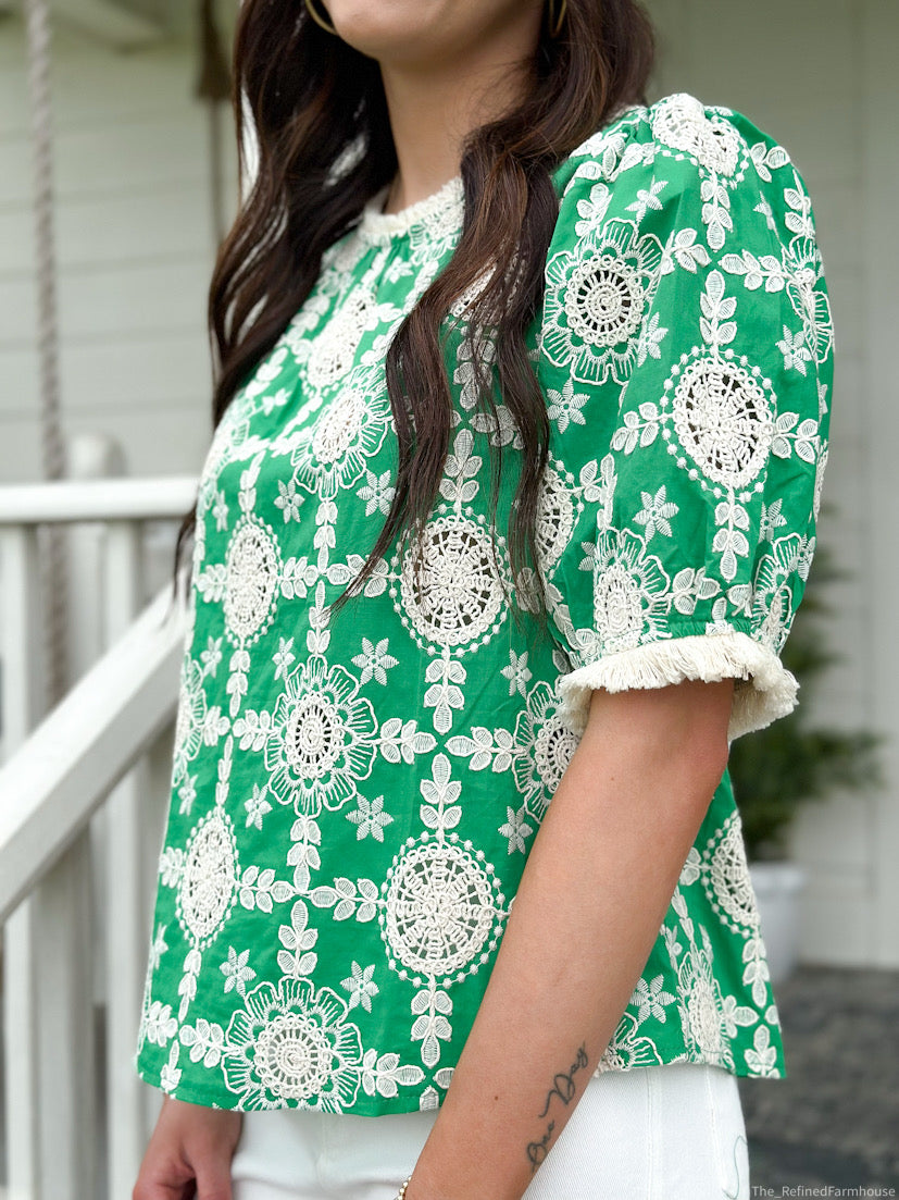 Green Embroidered Cotton Fringe Detailed Top