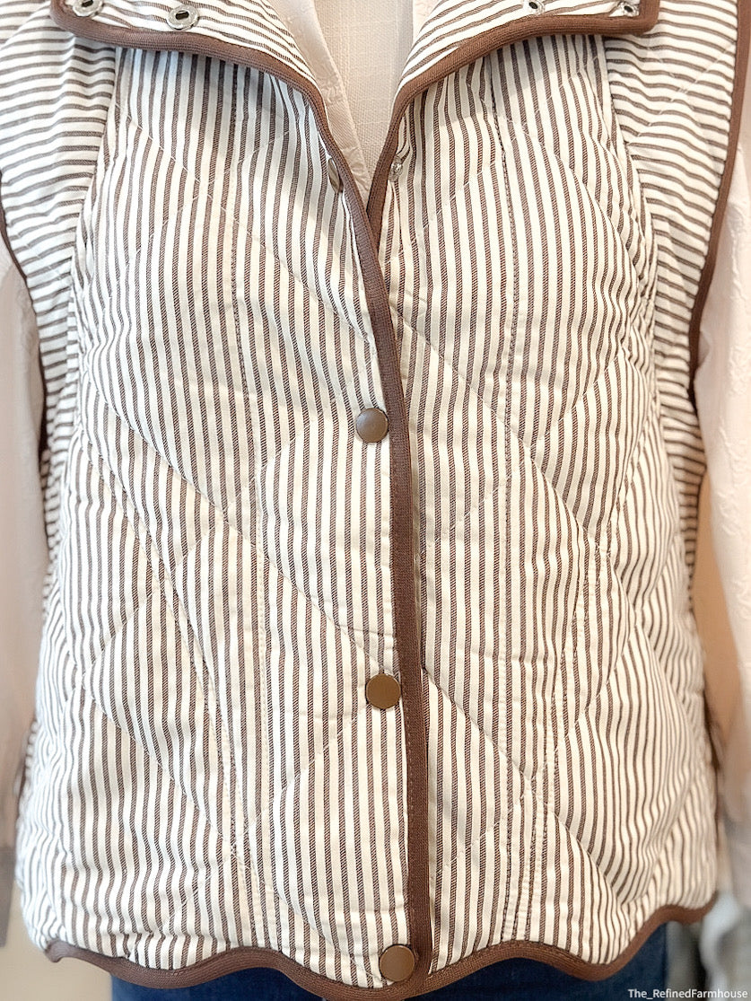 Striped Brown/White quilted Vest w/scalloped hem