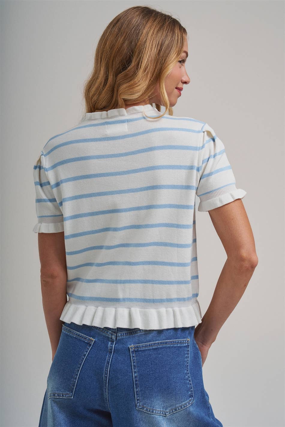 STRIPE KNITTED SWEATER BUTTON DOWN CARDIGAN TOP WITH RUFFLE : TAUPE/IVORY, S-M-L(2-2-2)