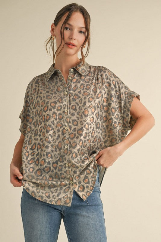 Golden Glow Leopard Button-Up Top