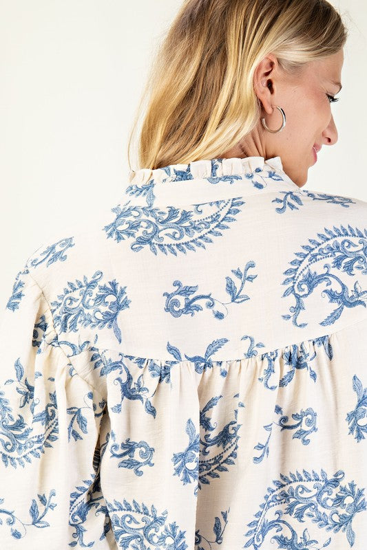Cream & Blue Button Down Blouse